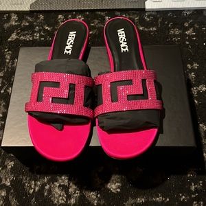 Versace Pink Greca Maze Crystal Flat Sandals Size 40